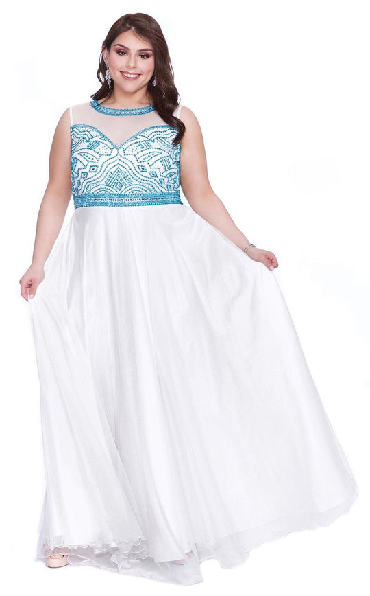 Kurves by Kimi - Sheer Embellished A-line Evening Dress 71170 in White and Blue