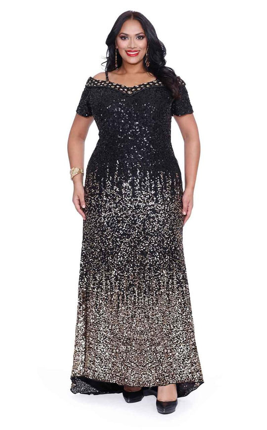 Kurves by Kimi - Two-Tone Sequin Embellished Evening Dress 71181 in Black and Gold