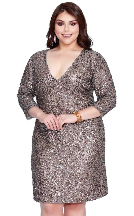 Kurves by Kimi - Stunning Embellished V-Neck Sheath Dress 73122 In Silver