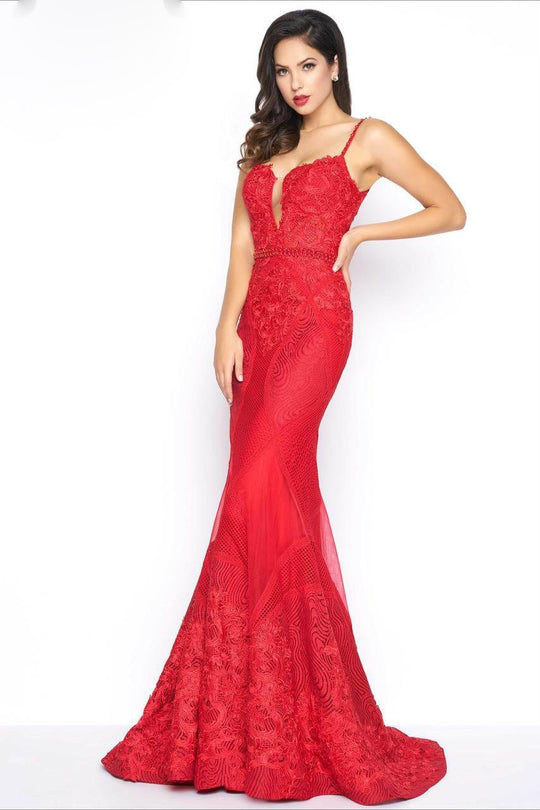 Mac Duggal - Plunging Sweetheart Lace Mermaid Gown in Red