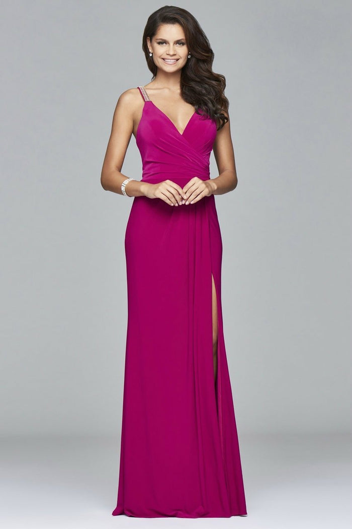 7911  Long jersey dress with fitted bodice and beaded strap