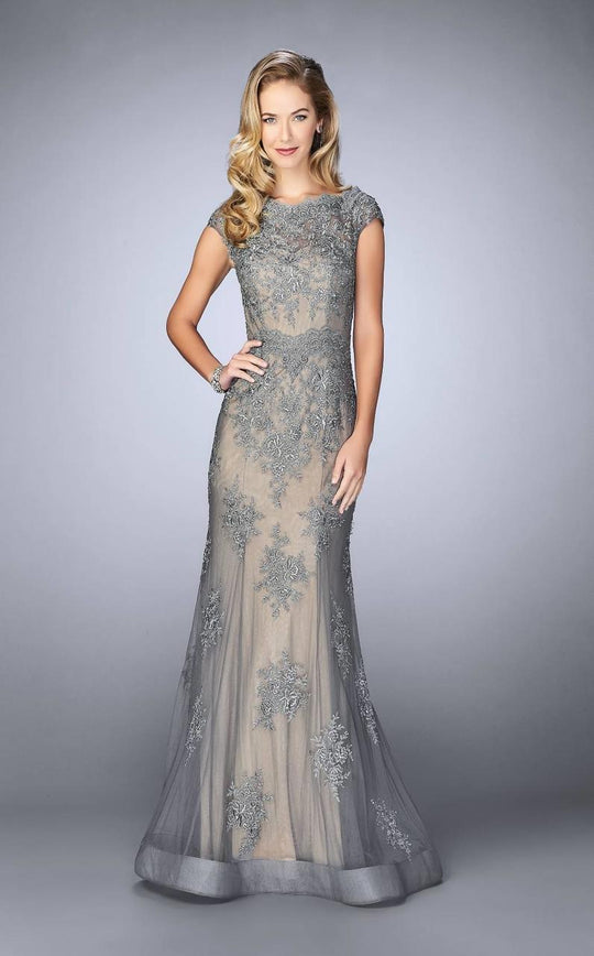 La Femme - 23059 Lace Illusion Bateau Sheath Dress In Gray