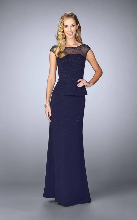 La Femme - 23112 Beaded Bateau Jersey Evening Gown In Blue