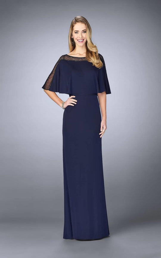 La Femme - 23113 Faux Cape Jersey Column Dress In Blue