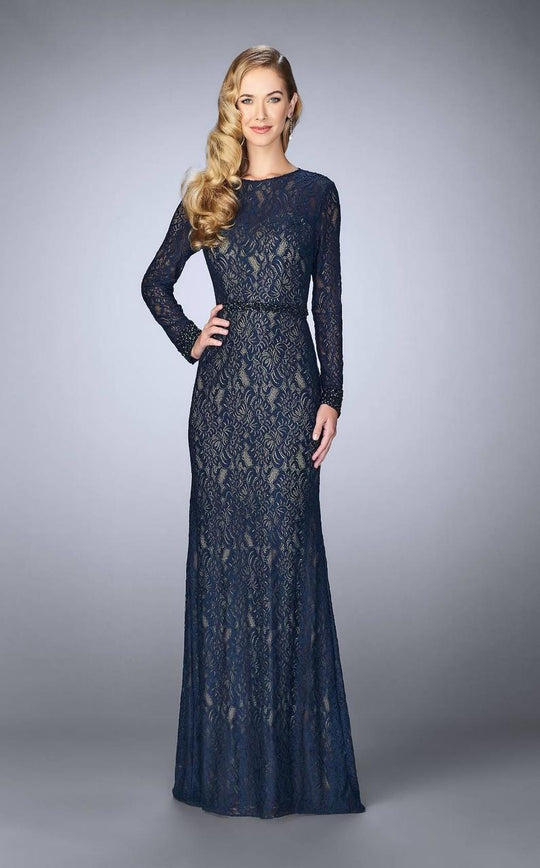 La Femme - 23115 Lace Long Sleeves Sheath Long Dress In Blue