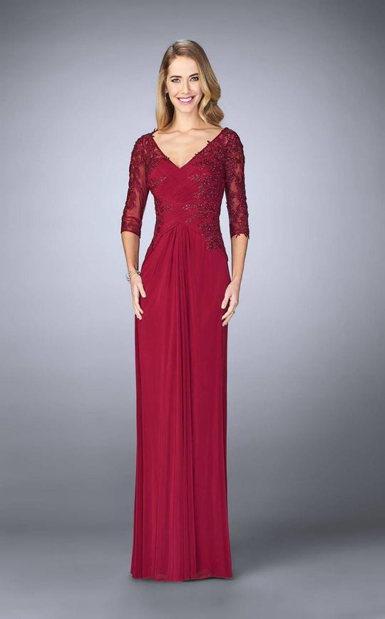 La Femme - 23118 Lace Quarter Length Sleeves Ruched Long Dress In Red