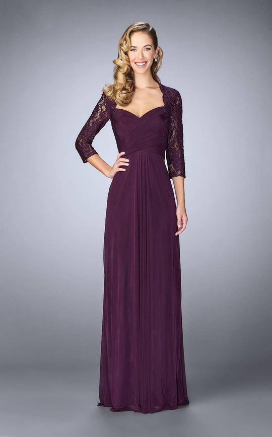 La Femme - 23139 Lace Quarter Length Sleeves Sweetheart Long Dress In Purple