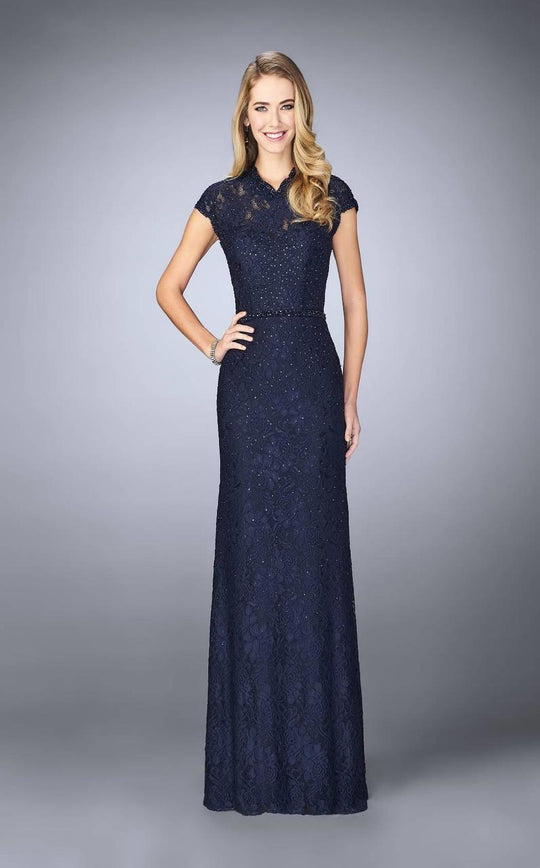 La Femme - 23148 Lace High Neck Cap Sleeves Sheath Evening Gown In Blue