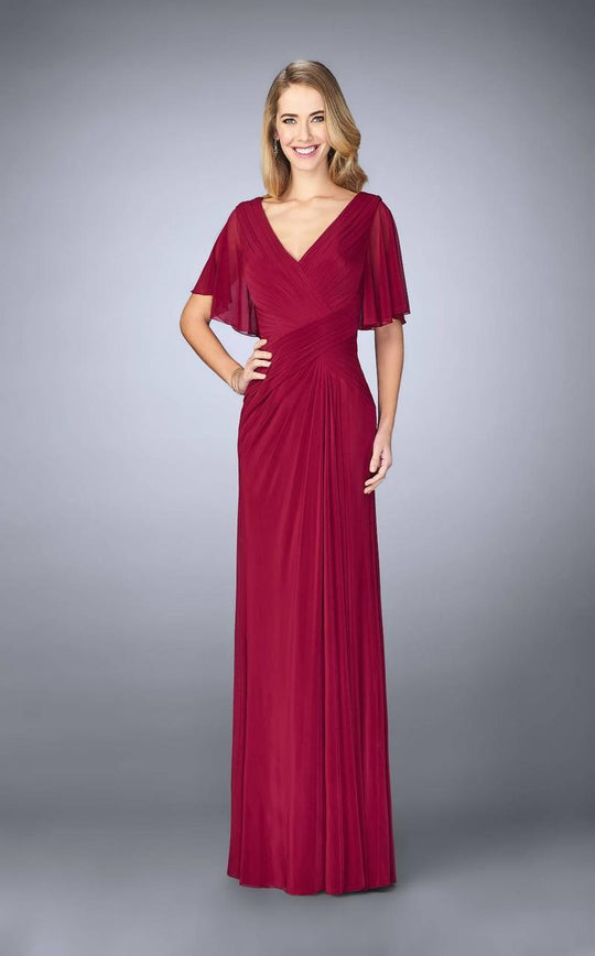 La Femme - 23160 Ruched V Neck Criss Cross Waist Flutter Sleeves Gown In Red