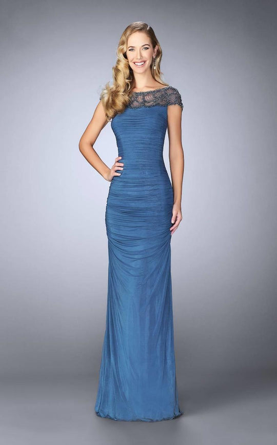 23215 Beaded Illusion Bateau Ruched Evening Dress in Blue