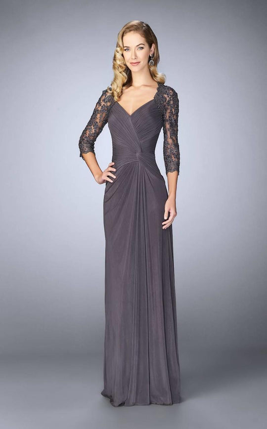 La Femme - Lace Embroidered V-Neck Evening Dress 23244 In Gray