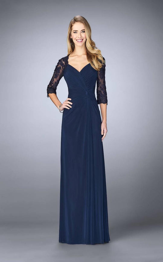 La Femme - 23244 Ruched V-Neck Column Dress In Blue