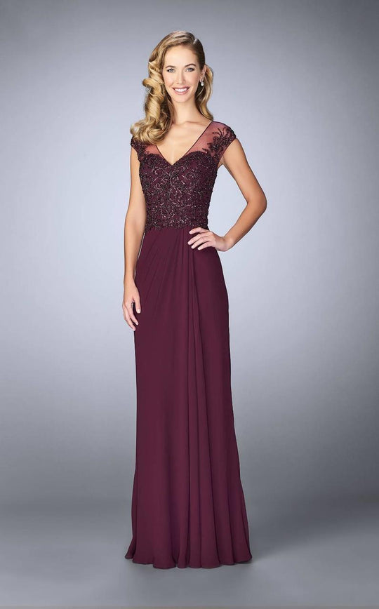 La Femme - 23316 Beaded Illusion V-neck Sheath Dress In Purple