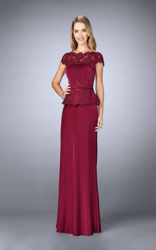 La Femme - 23444 Festooned Peplum Evening Gown In Crimson