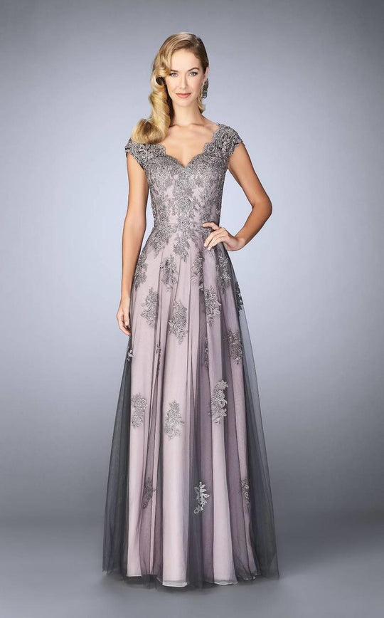 La Femme V-Neck Two Tone Lace Evening Gown in Pink, Gray