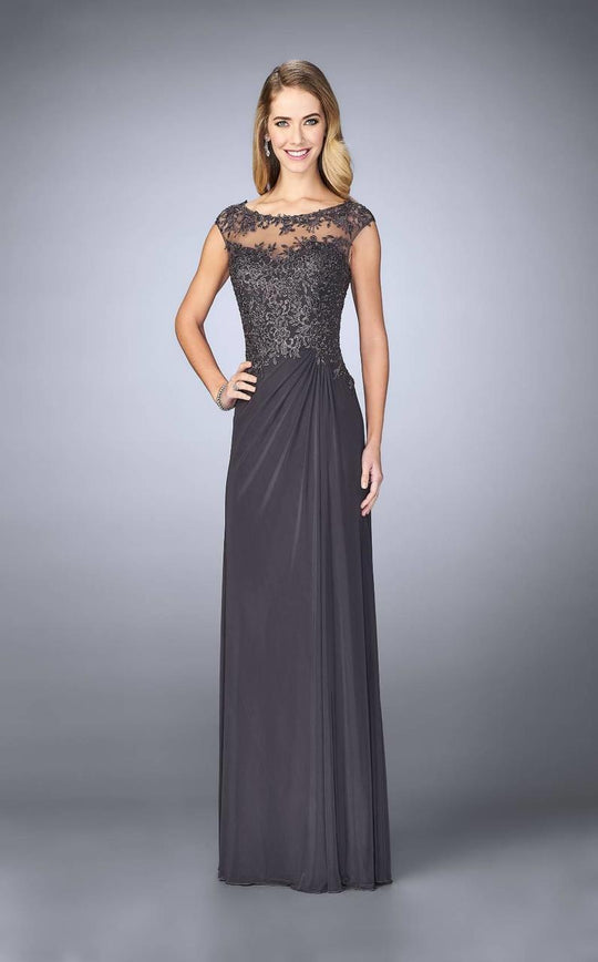 La Femme - 23456 Cap Sleeve Illusion Appliqued Draping Gown in Gray