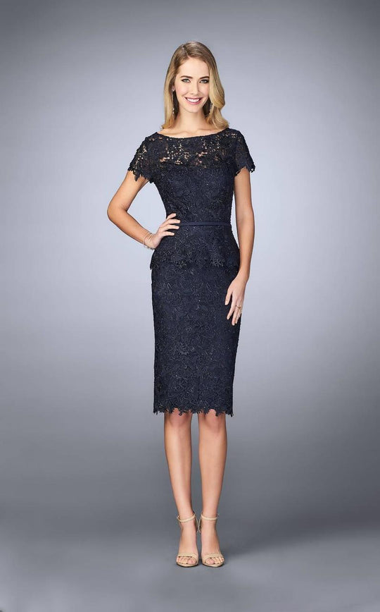 La Femme - 23505 Bateau Neck Lace Short Sleeves Peplum Short Dress In Blue