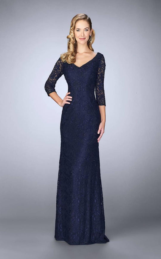 La Femme - Beaded V Neck Floral Lace Quarter Sleeves Dress 23588 in Blue