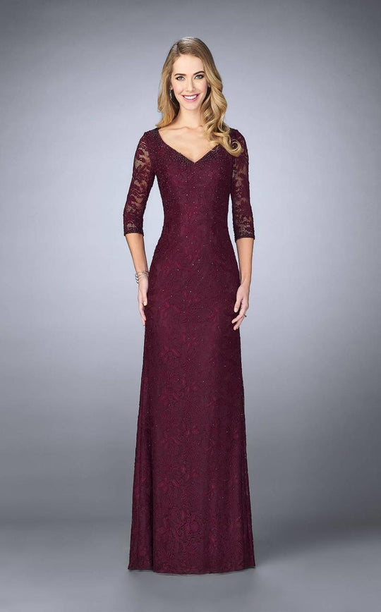 La Femme - 23588 Beaded V Neck Floral Lace Quarter Sleeves Dress In Red