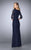 La Femme - Beaded V Neck Floral Lace Quarter Sleeves Dress 23588 in Blue