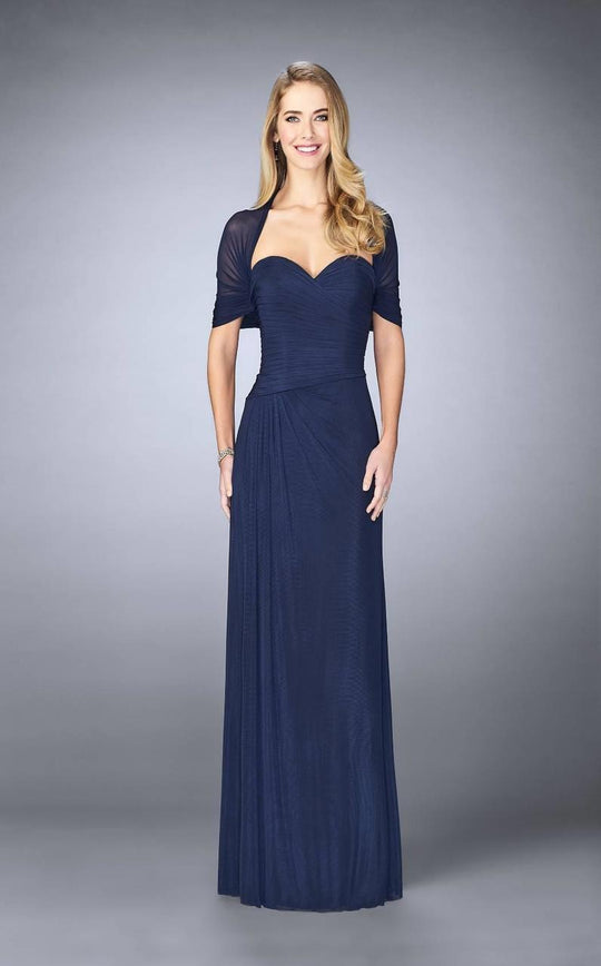 La Femme - 23623 Ruched Sheath Dress with Shoulder Wrap Sheath Dress In Blue