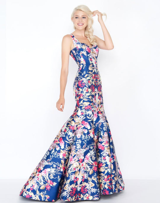 Mac Duggal - 79136M Sleeveless Mikado Mermaid Gown In Blue and Floral