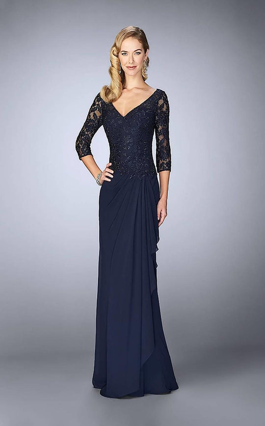 La Femme - 24857 Laced V-Neck Column Dress In Blue