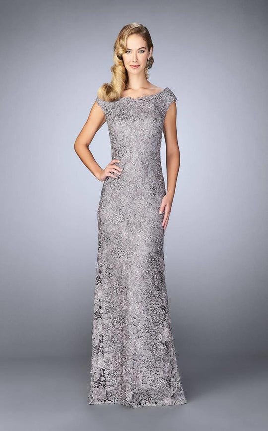 La Femme - 24860 Floral Bateau Neck Cap Sleeves Sheath Long Dress  In Silver