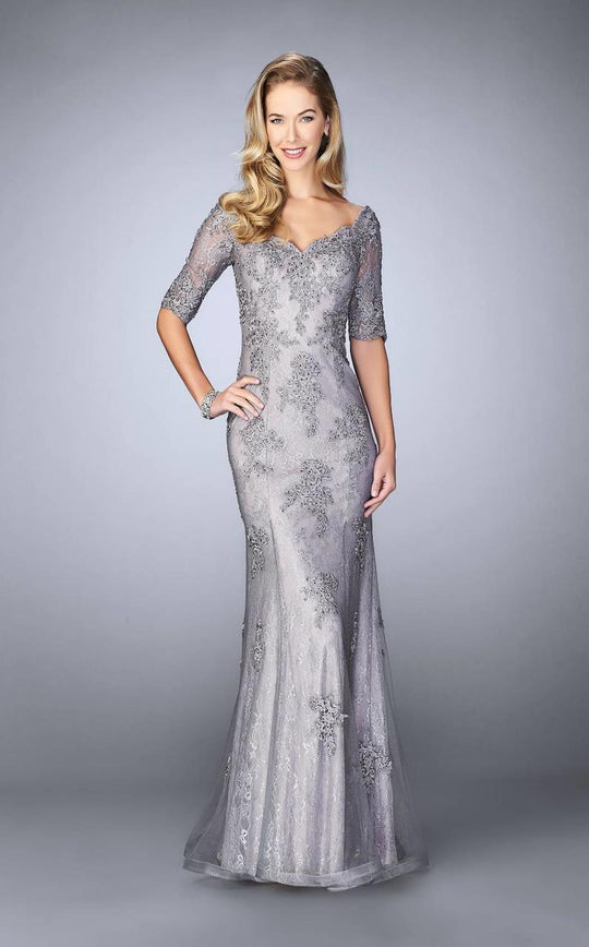 La Femme - 24866 Quarter Sleeve Embroidered Evening Gown In Silver and Pink