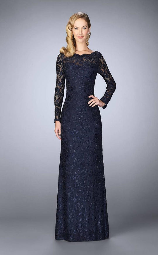 La Femme - Long-Sleeved Scalloped Lace Evening Gown 24869 in Blue