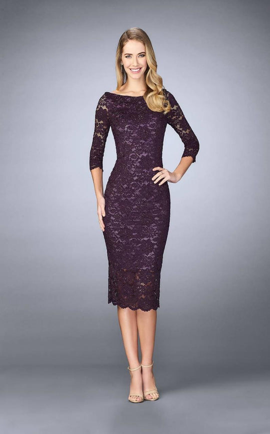 La Femme - 24875 Lace Tea Length Dress In Plum