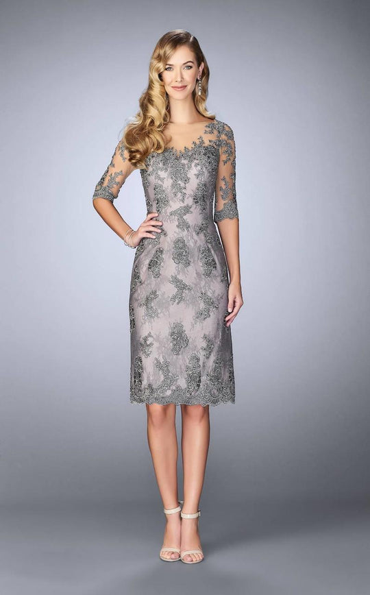 La Femme - 24878 Quarter Sleeve Lace Applique Cocktail Dress In Platinum