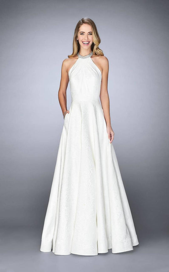 La Femme - 24888 Pleated Halter Evening Gown In White