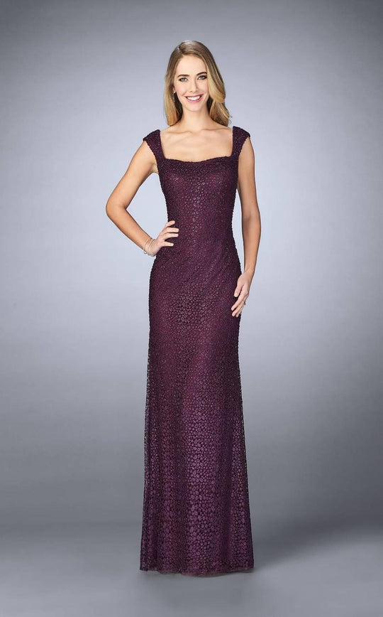 La Femme - Embellished Square Neck Column Dress 24891 in Purple