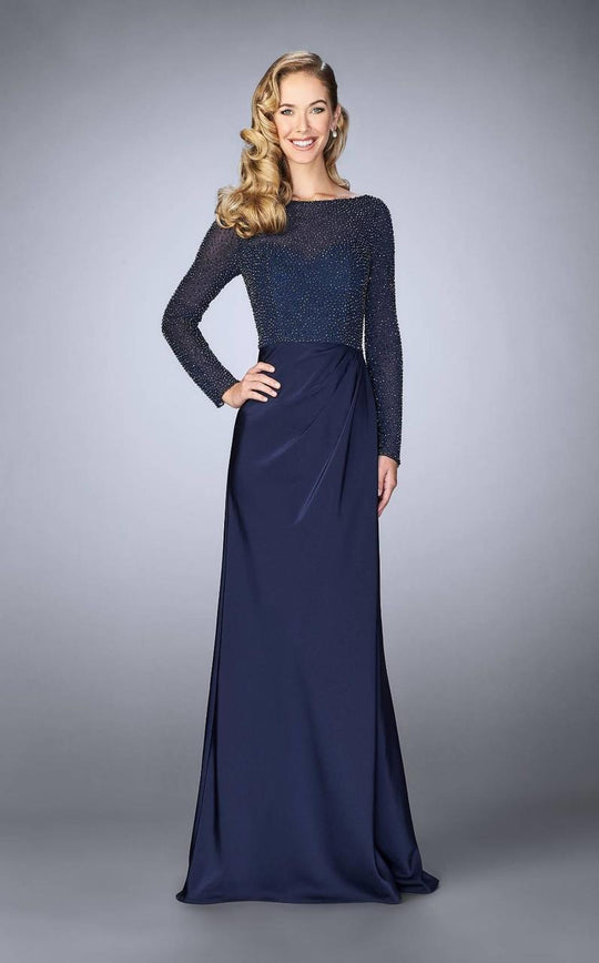 La Femme - 24895 Beaded Long Sleeves Sheath Long Gown In Blue