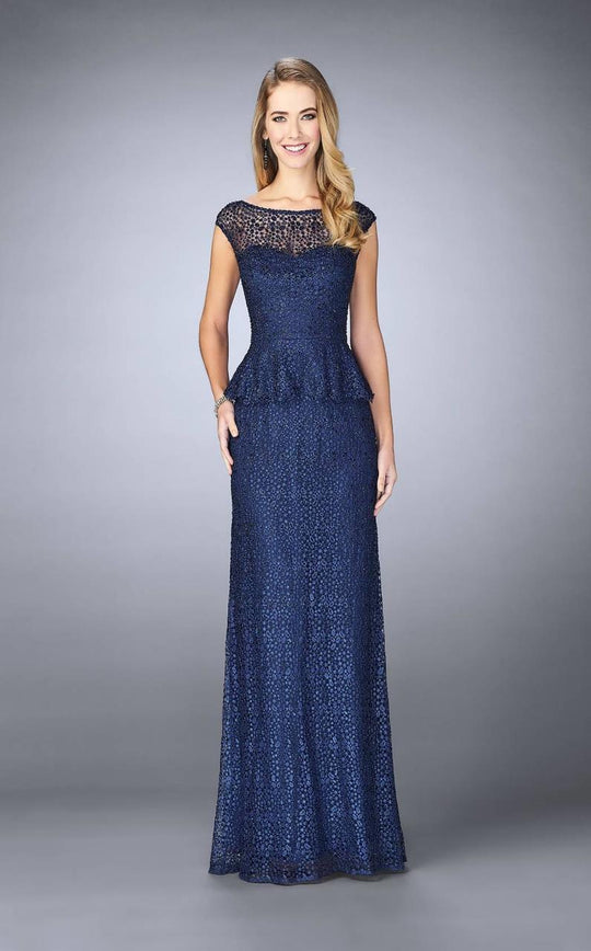 La Femme - 24896 Cap Sleeve Lace Peplum Gown In Blue