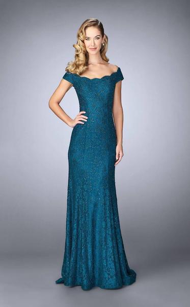 La Femme - Off-Shoulder Lace Evening Gown 24928 In Green