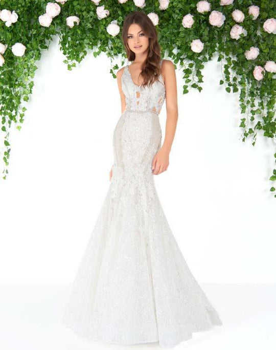 Mac Duggal - 79158D Bejeweled V-neck Trumpet Dress In White