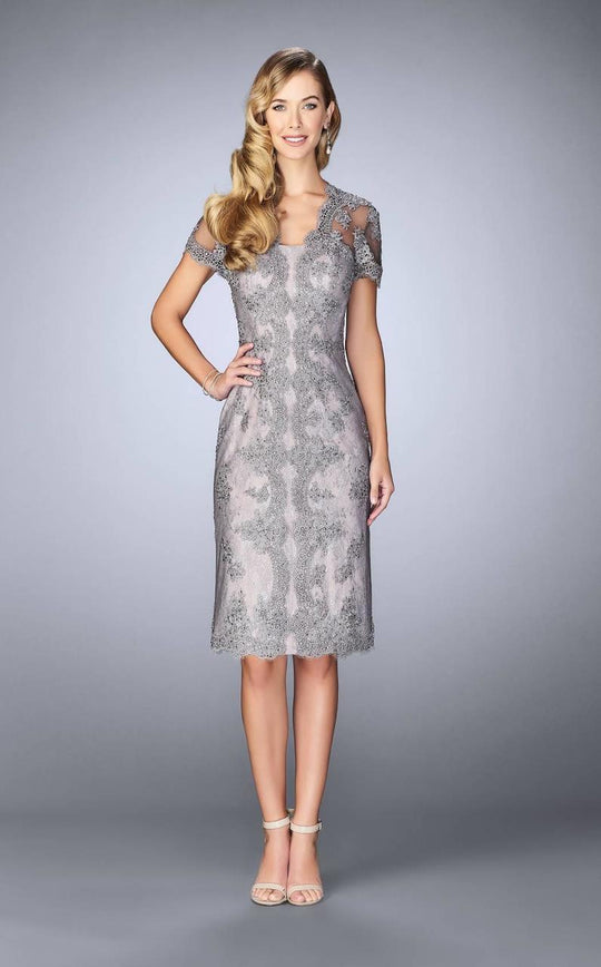 La Femme - 24931 Short Sleeved Lace Applique Cocktail Dress In Pink and Gray