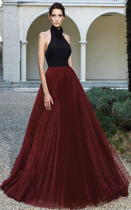 MNM Couture - Shirred Halter Neck Ballgown N0124 in Black and Red