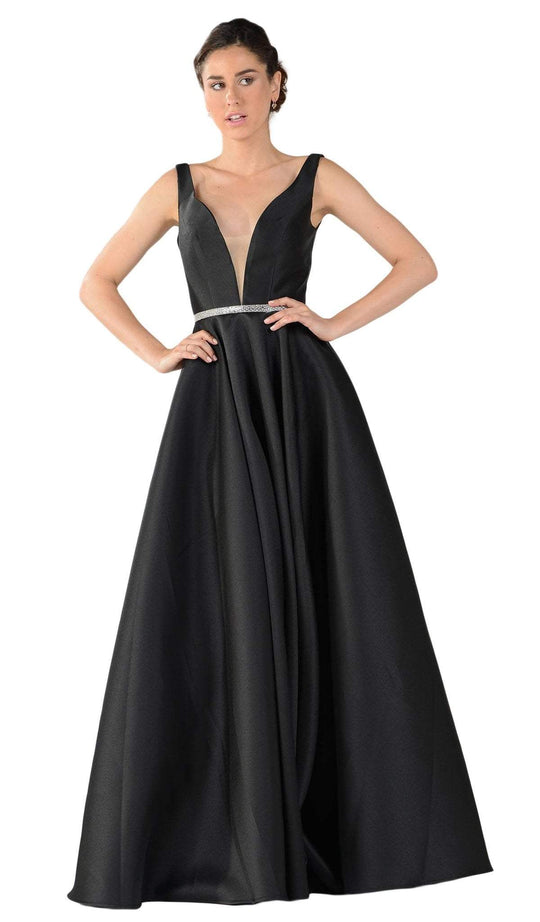 Poly USA - 7916 Embellished Deep V-neck Mikado A-line Dress in Black