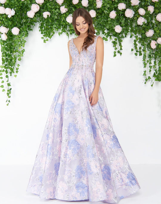 Mac Duggal - 79176D V-neck Beaded Brocade A-line Gown In Purple and Pink