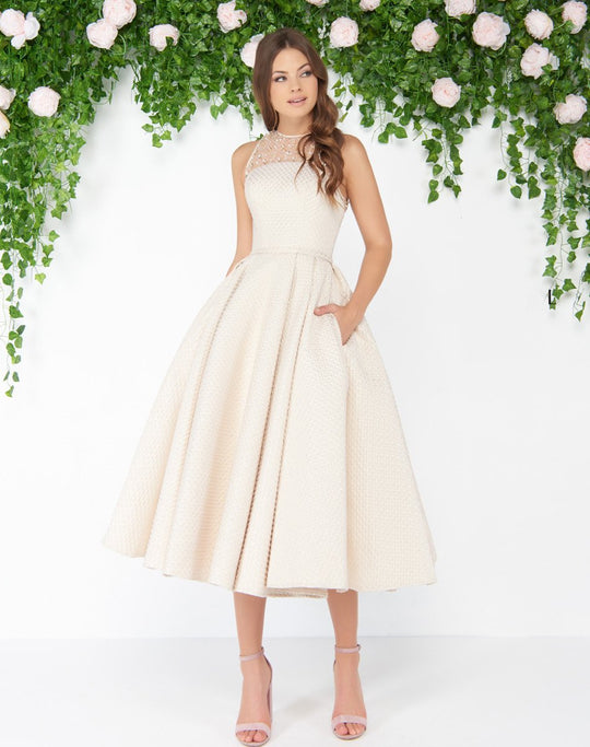 Mac Duggal - 79177D Sheer Jewel Neck Brocade Cocktail Dress In Neutral