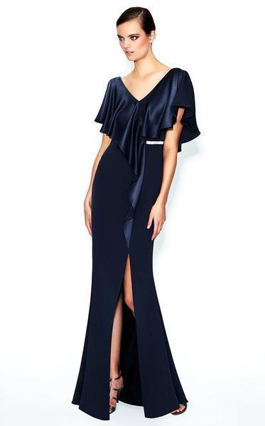 Daymor Couture - Cape V-Neck Sheath Gown 559 In Blue