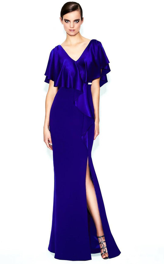 Daymor Couture - 559 Cape V-Neck Sheath Gown in Purple