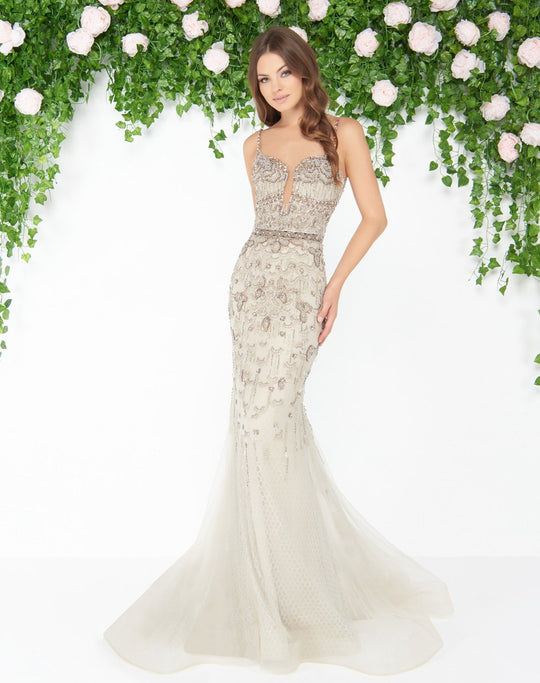Mac Duggal - 79180D Slim Straps Beaded Mermaid Gown In Neutral