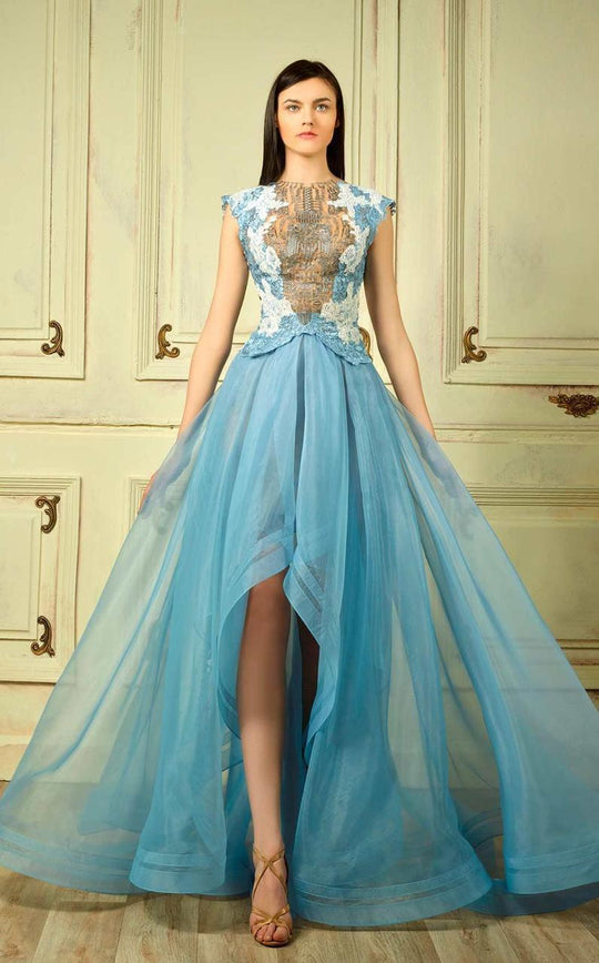 Beside Couture - BC1303 Illusion Panel High Low Gown in Blue and Silver