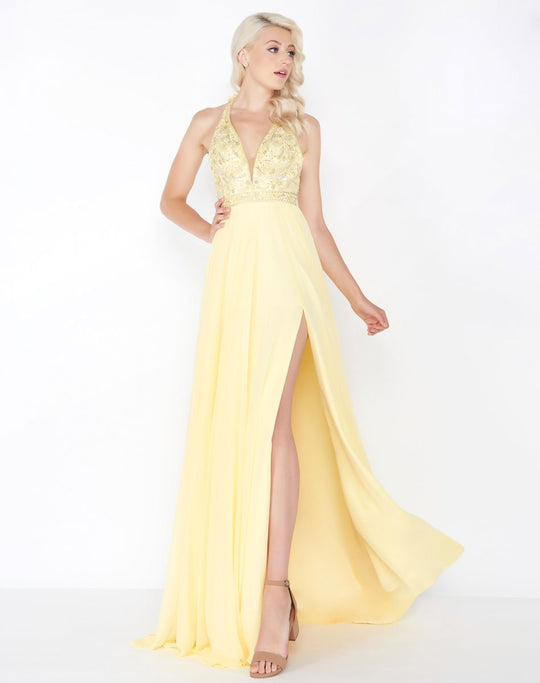 Mac Duggal - 79185M Beaded Halter Neck A-line Gown In Yellow
