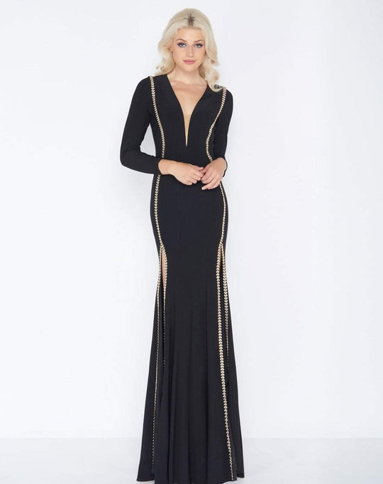 Cassandra Stone - 79186A Rhinestone Accented Deep V-neck Jersey Dress In Black and Gold