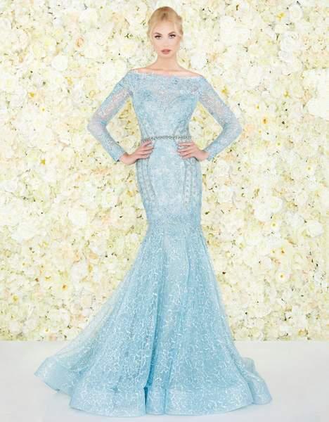 Mac Duggal Couture - 79202D Corded Lace Long Sleeve Mermaid Dress In Blue